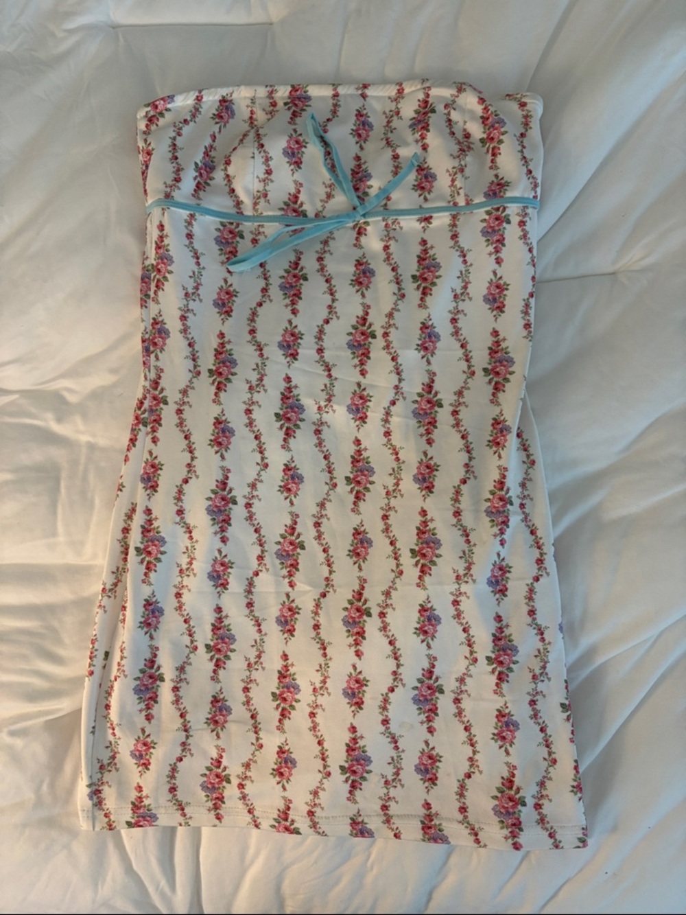 Edikted Cream Strapless Floral Dress with blue bow